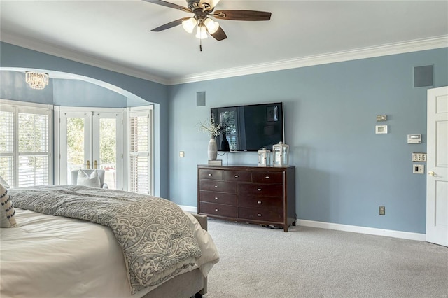 bedroom with carpet flooring, access to exterior, ceiling fan with notable chandelier, baseboards, and ornamental molding