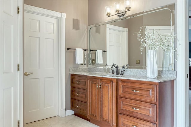 bathroom with a chandelier, visible vents, tile patterned flooring, and vanity