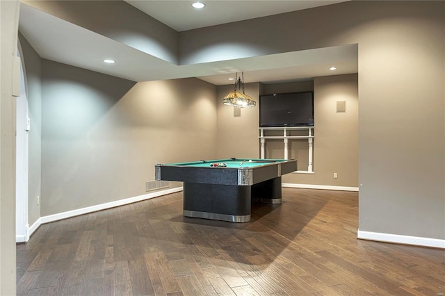 recreation room featuring baseboards, recessed lighting, pool table, and wood finished floors