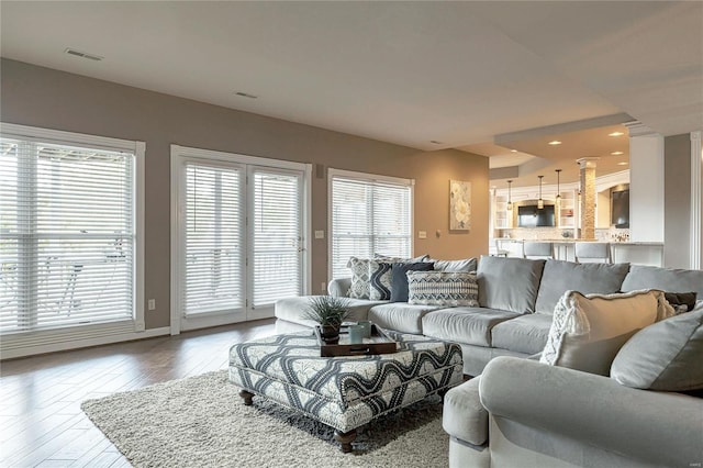 living area featuring visible vents, a wealth of natural light, and hardwood / wood-style floors