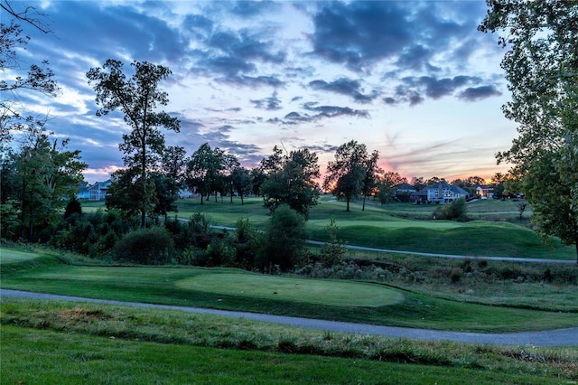 view of property's community featuring a lawn and view of golf course