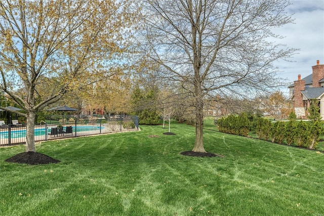 view of yard featuring fence and a fenced in pool