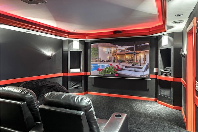 home theater featuring carpet