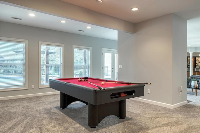 rec room featuring visible vents, carpet, baseboards, and pool table