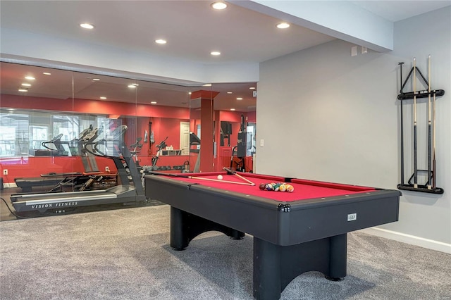 rec room with carpet floors, recessed lighting, pool table, and baseboards