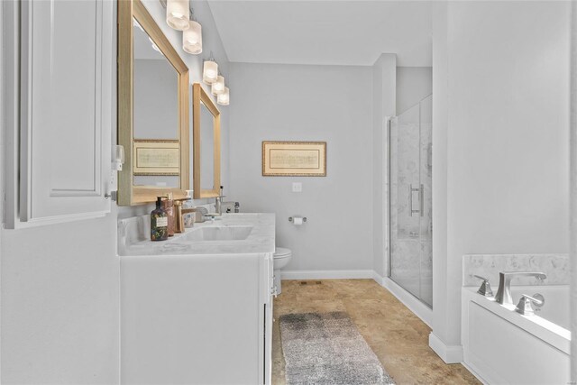 bathroom with toilet, a bath, vanity, baseboards, and a stall shower