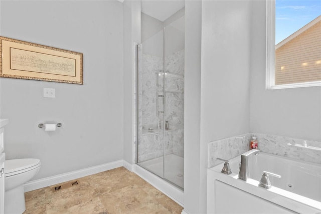 bathroom with toilet, baseboards, visible vents, a stall shower, and a jetted tub