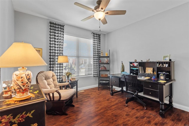 home office with ceiling fan, wood finished floors, and baseboards