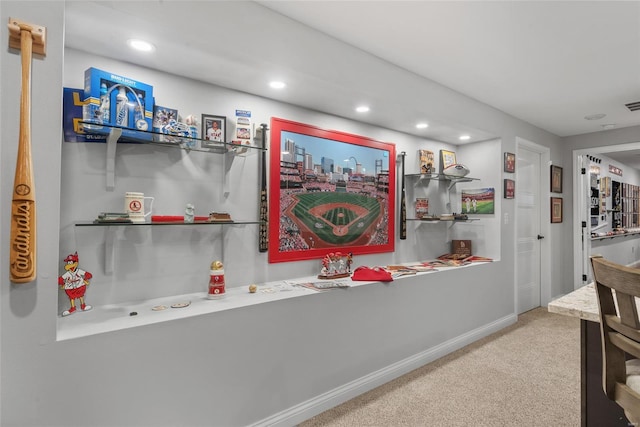 hall featuring recessed lighting, carpet flooring, and baseboards