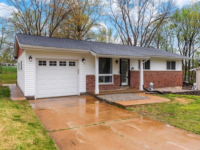 ranch-style home featuring brick siding, driveway, covered porch, and a garage