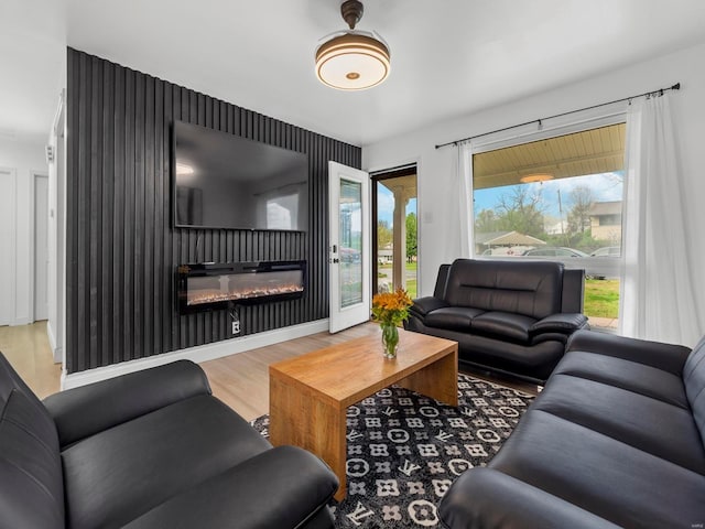 living room with a glass covered fireplace and wood finished floors