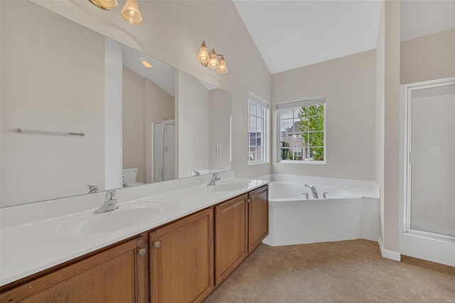 bathroom featuring a stall shower, toilet, vaulted ceiling, and a sink