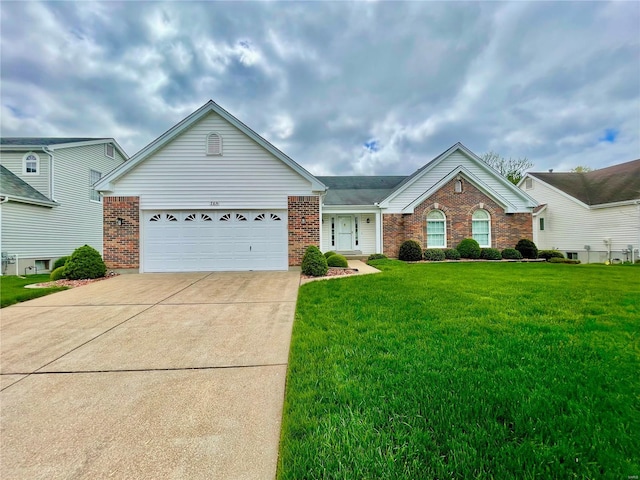 single story home with brick siding, a garage, driveway, and a front yard