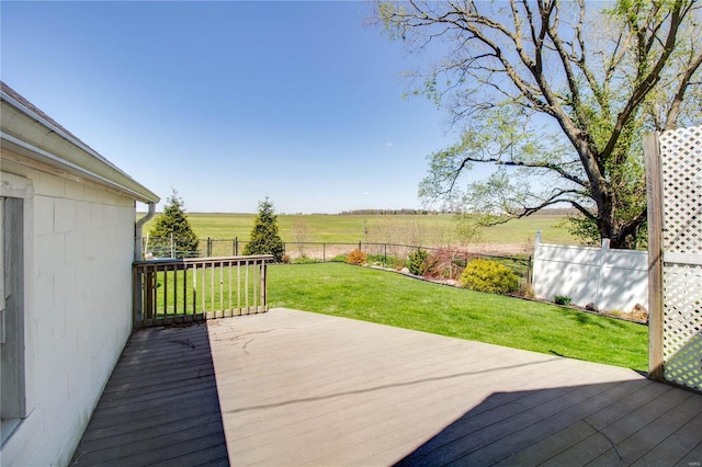 wooden deck featuring a rural view, a lawn, and a fenced backyard