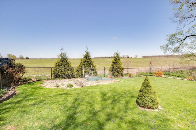 view of yard with a rural view, fence private yard, and a garden