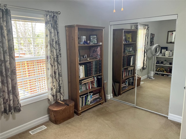 misc room with baseboards, plenty of natural light, carpet, and visible vents