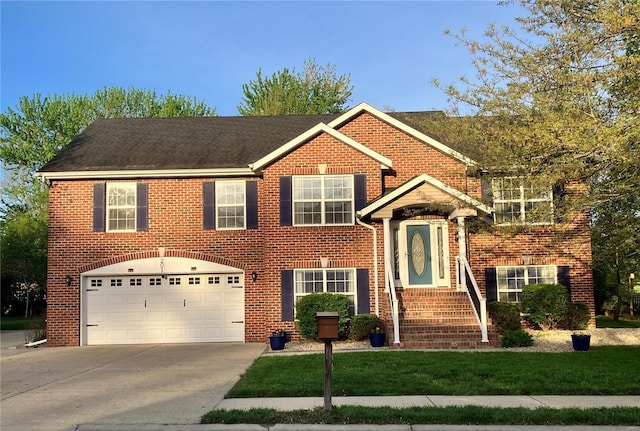 bi-level home featuring concrete driveway, brick siding, an attached garage, and a front lawn