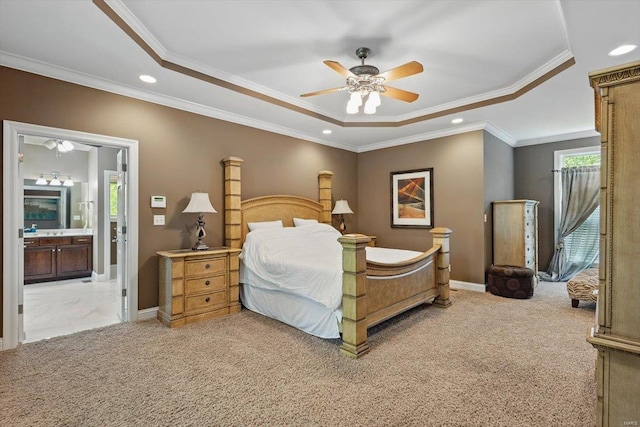 bedroom with ornamental molding, light carpet, baseboards, recessed lighting, and a tray ceiling