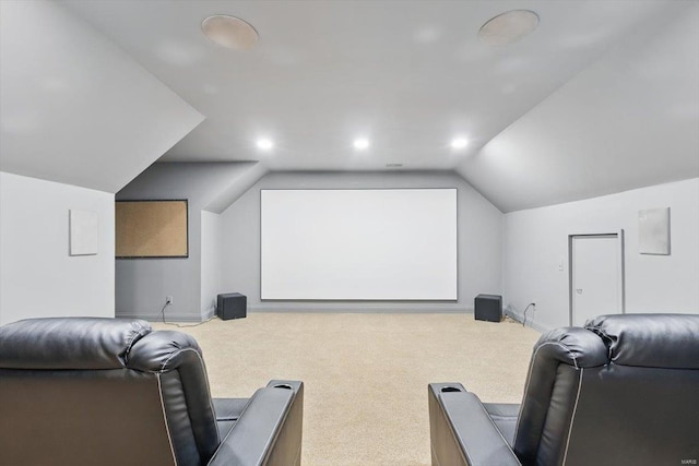 cinema room featuring carpet floors, recessed lighting, baseboards, and lofted ceiling