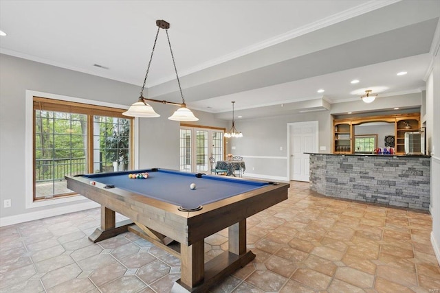 recreation room featuring crown molding, baseboards, billiards, and visible vents