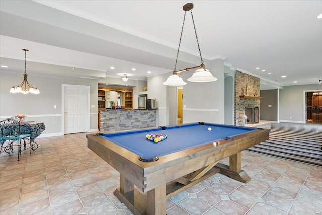playroom featuring crown molding, a fireplace, recessed lighting, baseboards, and pool table
