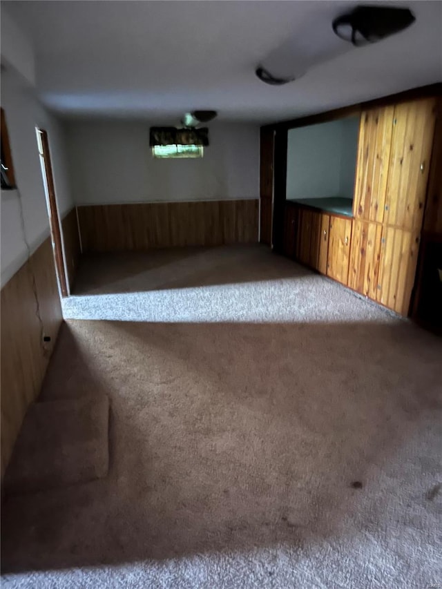 finished below grade area with wooden walls, carpet floors, and a wainscoted wall