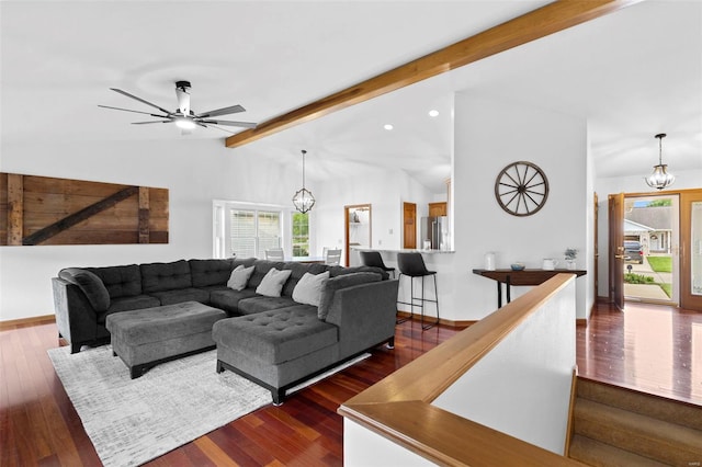 living area with a chandelier, healthy amount of natural light, dark wood-type flooring, a ceiling fan, and recessed lighting