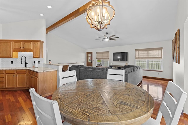 dining room featuring a chandelier, wood-type flooring, ceiling fan, and recessed lighting