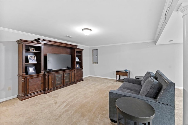 living area featuring light colored carpet, baseboards, ornamental molding, and electric panel