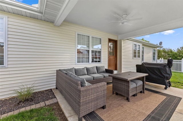 view of patio with outdoor lounge area, ceiling fan, fence, and area for grilling