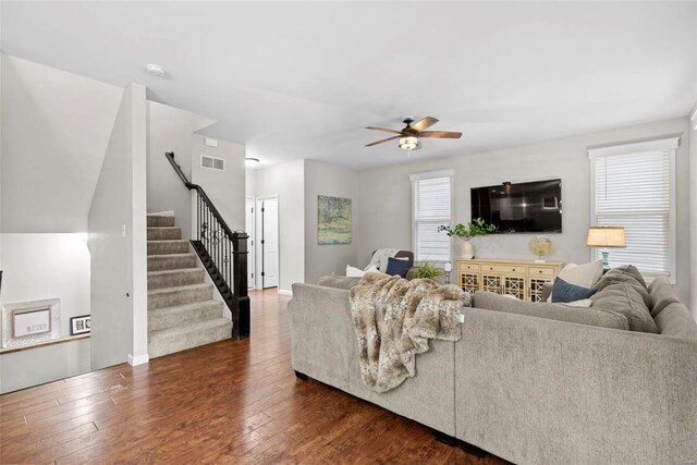 living area featuring plenty of natural light, ceiling fan, visible vents, stairs, and dark wood-type flooring