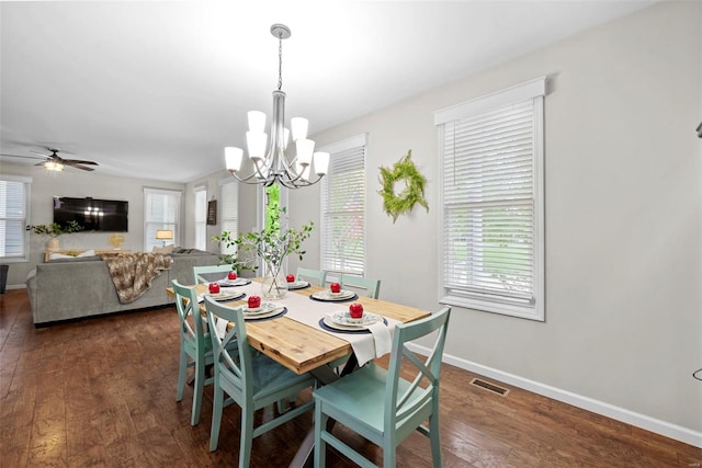 dining space featuring baseboards, visible vents, a wealth of natural light, and dark wood finished floors