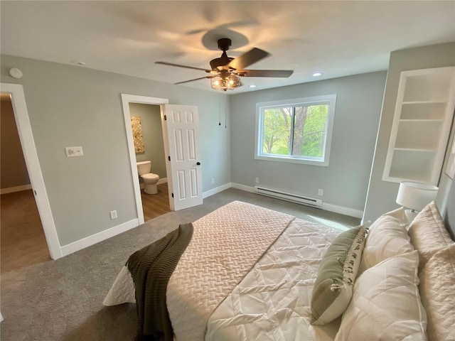bedroom with carpet flooring, ensuite bathroom, baseboards, baseboard heating, and a ceiling fan
