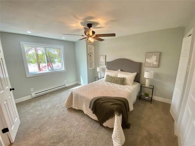 carpeted bedroom with a ceiling fan, baseboards, recessed lighting, and a baseboard radiator