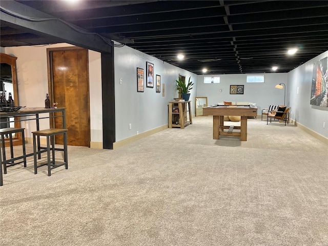 rec room with carpet flooring and billiards