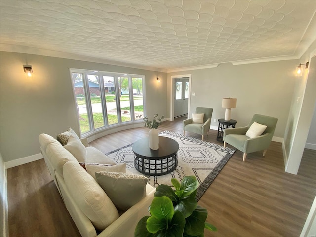 living area featuring wood finished floors, baseboards, and ornamental molding