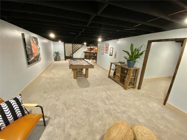 recreation room featuring carpet flooring, baseboards, and billiards