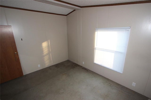 spare room with vaulted ceiling, a textured ceiling, crown molding, a decorative wall, and light colored carpet