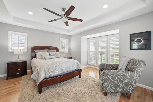 bedroom with multiple windows, baseboards, and a tray ceiling