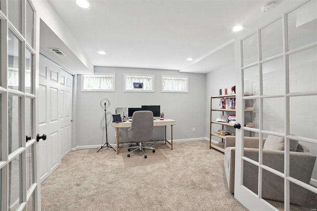 office area featuring visible vents, recessed lighting, baseboards, and carpet floors