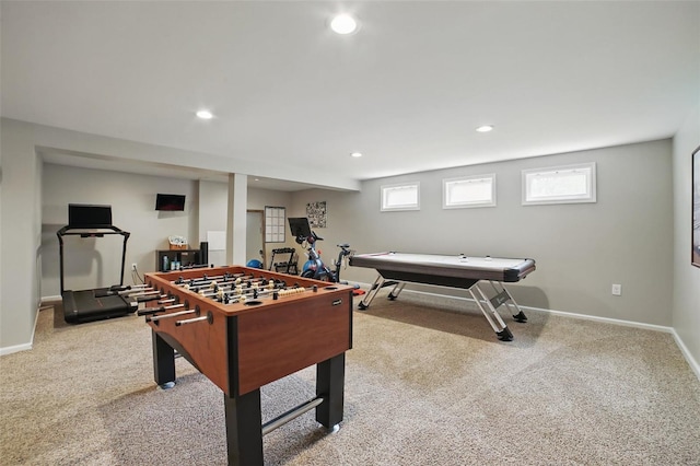 game room with baseboards, recessed lighting, and carpet