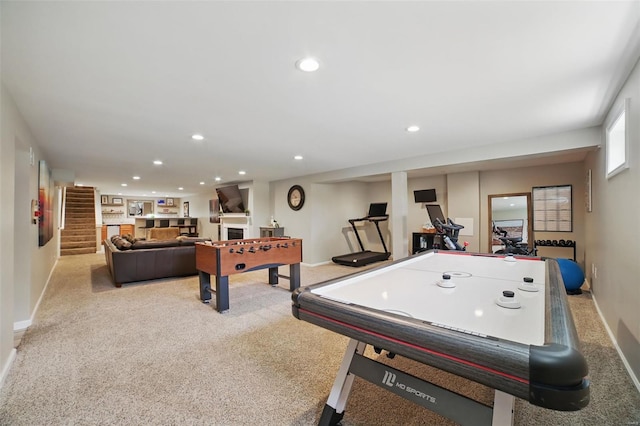 recreation room with baseboards, recessed lighting, and carpet floors