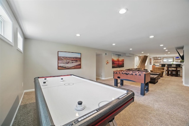 game room with visible vents, recessed lighting, carpet flooring, and baseboards