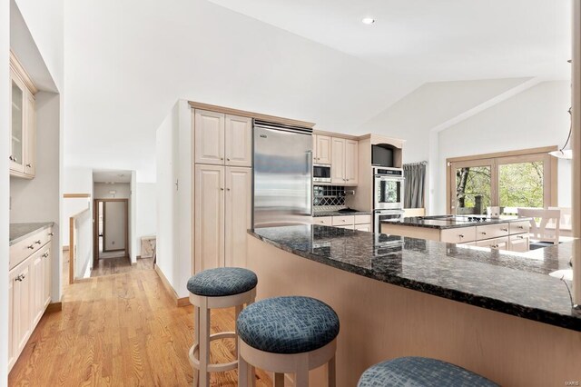 kitchen featuring light wood-style floors, a center island, dark stone counters, appliances with stainless steel finishes, and high vaulted ceiling