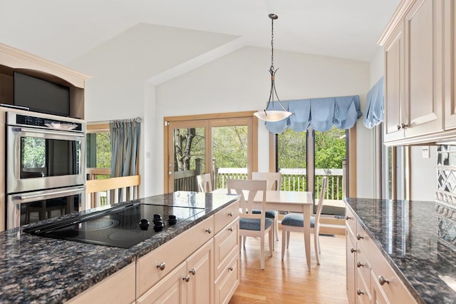 kitchen featuring lofted ceiling, a healthy amount of sunlight, stainless steel double oven, and black electric cooktop