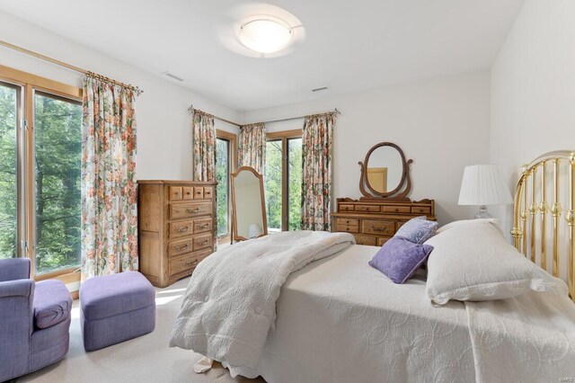 carpeted bedroom with visible vents and multiple windows