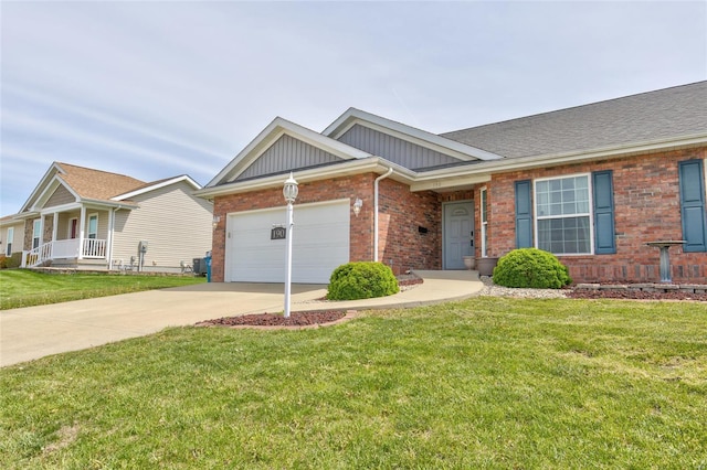 ranch-style house with a front lawn, concrete driveway, an attached garage, board and batten siding, and brick siding