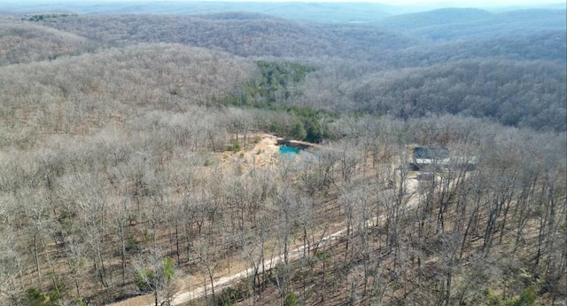 drone / aerial view featuring a mountain view and a view of trees