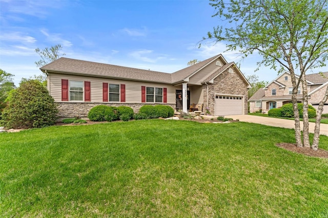 view of front of house featuring concrete driveway, stone siding, a garage, and a front lawn