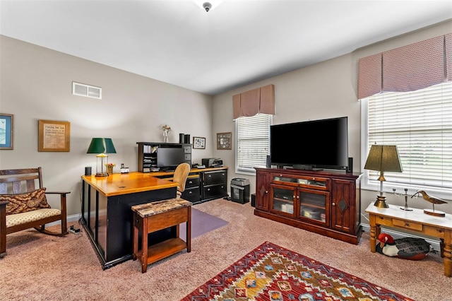 office space featuring visible vents, a healthy amount of sunlight, carpet flooring, and baseboards